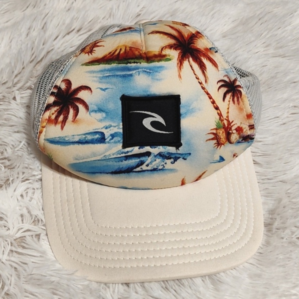 Rip Curl Trucker Hat Cream Blue Brown Ocean Scene Tropical Hawaiian Adjustable